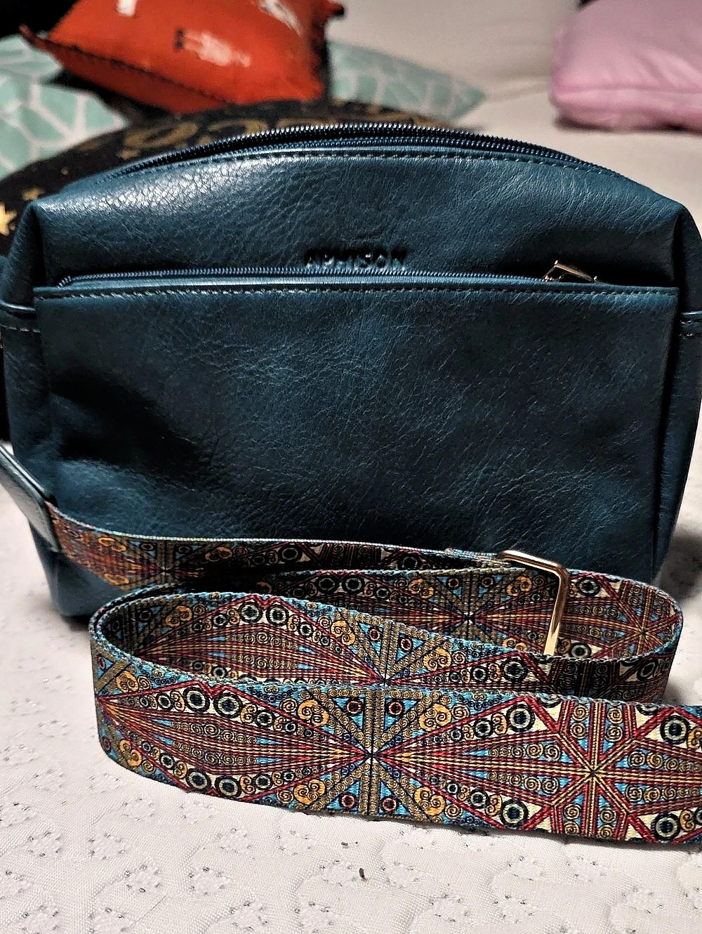 Aphison Leather Crossbody Purse with Geometric Guitar Strap Blue Geometric